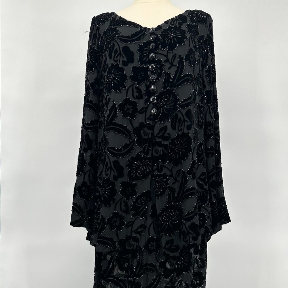 Vintage 1990s Carmen Marc Valvo Black Rayon Silk Velvet Beaded Evening Ensemble